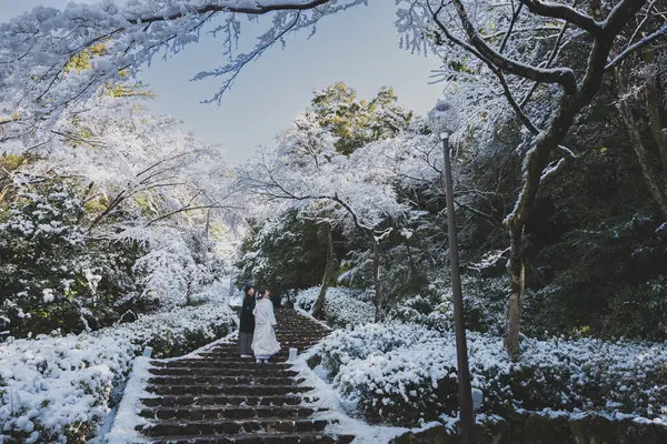 岐阜 — 雪の石段と和装